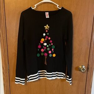 Holiday Time Black Sweater with Festive Tree Design